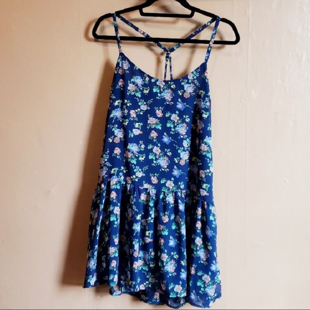 Hem & Thread Blue Floral Strappy Halter Dress LG